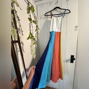 ANTHROPOLOGIE halter midi dress with white blue orange yellow stripes